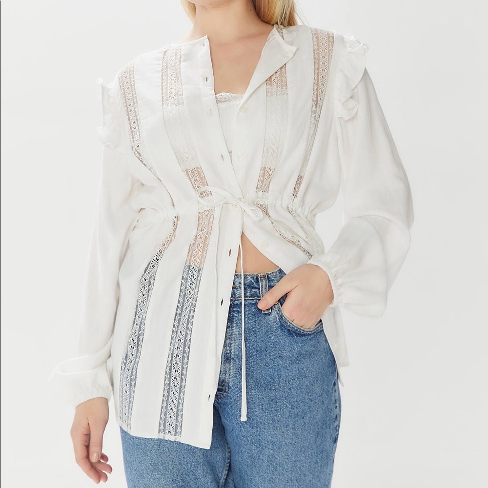 Boho Gauze Eyelet Inset Tie-Front Blouse - Picture 1 of 5